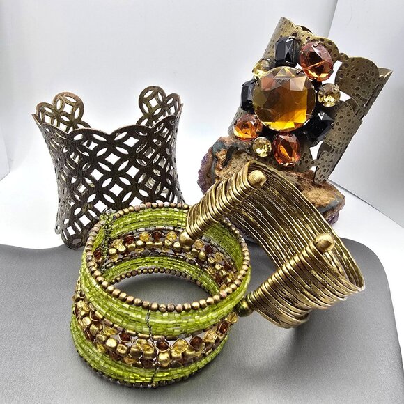 Lot of 4 Statement Cuff Bracelets Brass Glass Beads Openwork & Crystal Designs - Picture 2 of 12